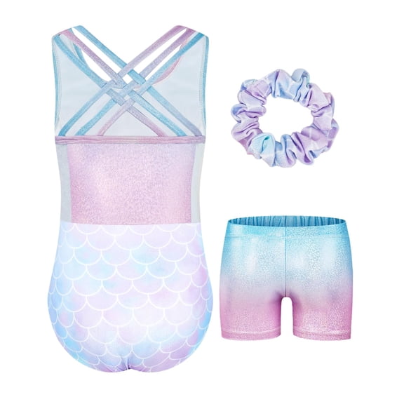 Gymnastics Leotards for Girls with Cross Back,Sparkly Dance Leotard Unitards with Shorts and Hair Band Biketards Outfit for 5-10 Years