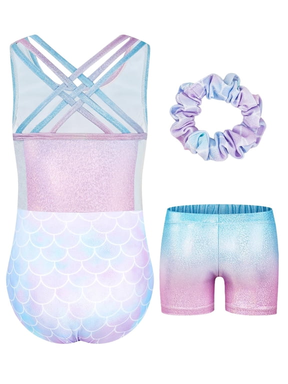 Gymnastics Leotards for Girls with Cross Back,Sparkly Dance Leotard Unitards with Shorts and Hair Band Biketards Outfit for 5-10 Years