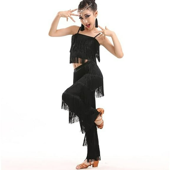 Girls Dancewear Girls 2 Piece Latin Ballroom Dance Outfits Set Tassel Camisole Fringe Pants Modern Dancewear Black 3-4 Years