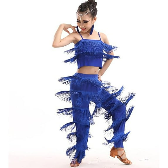 Girls Dancewear Girls 2 Piece Latin Ballroom Dance Outfits Set Tassel Camisole Fringe Pants Modern Dancewear Blue 10-12 Years
