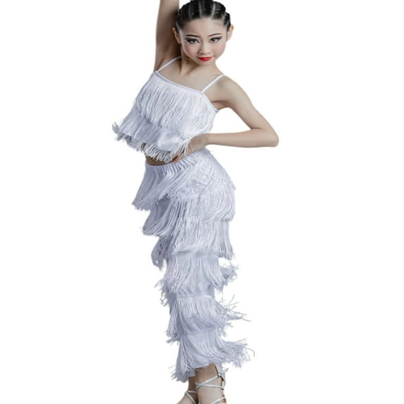 Girls Dancewear Girls 2 Piece Latin Ballroom Dance Outfits Set Tassel Camisole Fringe Pants Modern Dancewear White 4-5 Years
