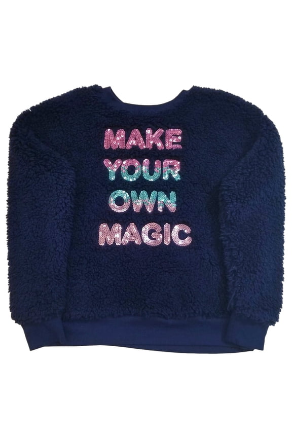 Girls Dark Blue Furry Make Your Own Magic Soft Hoodie Sweatshirt Faux Fur S