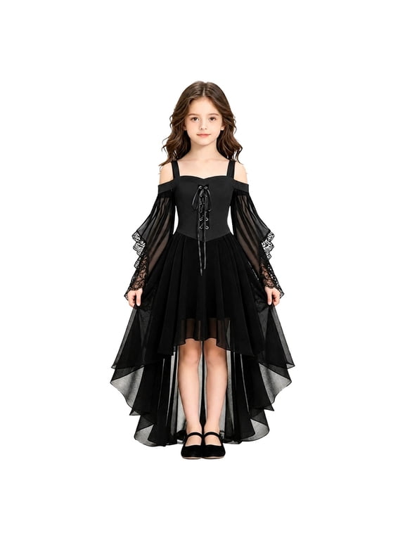 Girls Dark Fairy Tale Dress Off Shoulder Sheer Sleeve Lace Up Bodice Layered Maxi Dress for Halloween Party Dress Up 7-13Y
