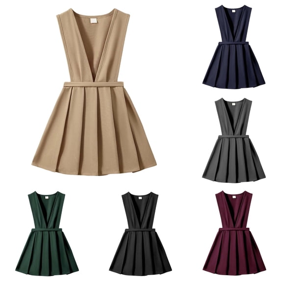 Girls Deep V Sleeveless Pinafore Dress Wide Suspender Straps Integrated ...