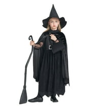 Girls Deluxe Witch Costume, 4 Pcs Dress Hat Cape Bag Velvet Black Suit for Kids Halloween Party Fancy Dress Up 3-4T