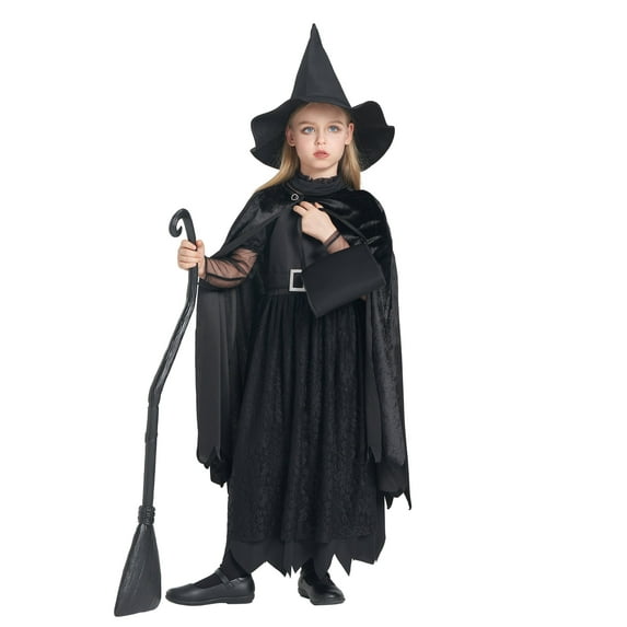 Girls Deluxe Witch Costume, 4 Pcs Dress Hat Cape Bag Velvet Black Suit for Kids Halloween Party Fancy Dress Up 3-4T