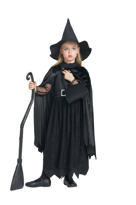 Girls Deluxe Witch Costume, 4 Pcs Dress Hat Cape Bag Velvet Black Suit for Kids Halloween Party Fancy Dress Up 3-4T