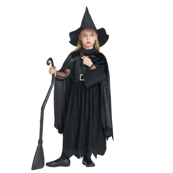 Girls Deluxe Witch Costume, 4 Pcs Dress Hat Cape Bag Velvet Black Suit for Kids Halloween Party Fancy Dress Up 7-8Y