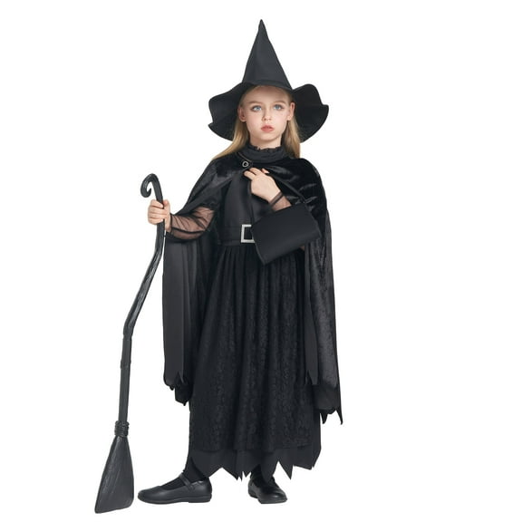 Girls Deluxe Witch Costume, 4 Pcs Dress Hat Cape Bag Velvet Black Suit for Kids Halloween Party Fancy Dress Up 8-10Y