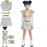 YKARITIANNA Girls Zoey Pop Singer Pendant Dance Stage Outfit Sets Party Theme Dress Up Long Sleeve Crop Top Skirt Belt Waist Chain Outfit Set （140）