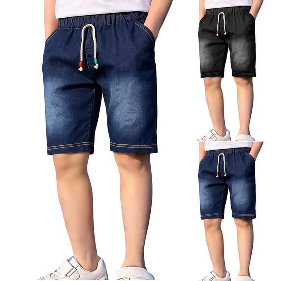 Girls Denim Bermuda Shorts - Stretchy Pull on Elastic Waist Jeans Shorts with Pockets Washed Straight Leg Knee Length Jean Bermudas Navy 7 Years