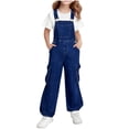 thumbnail image 1 of Girls Denim Bib Overalls Distressed Wash Wide Leg Adjustable Straps Stretchy Jean Dungarees Pants with Pockets 6-14Years, 1 of 4