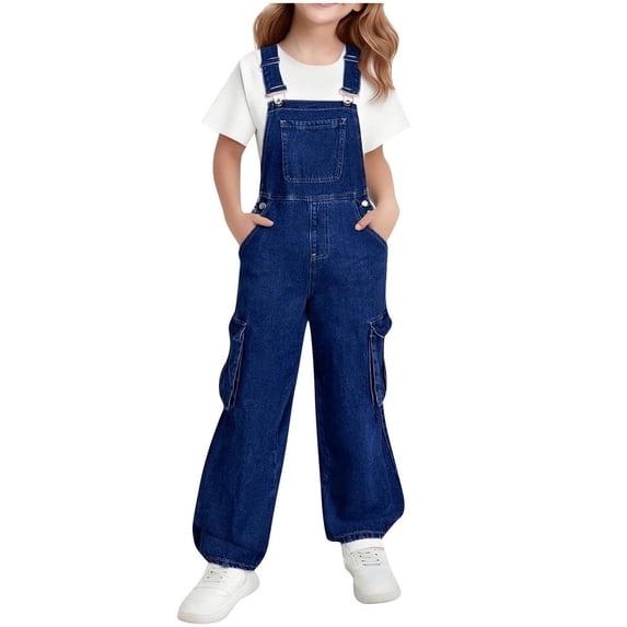 Girls Denim Bib Overalls Distressed Wash Wide Leg Adjustable Straps Stretchy Jean Dungarees Pants with Pockets 6-14Years