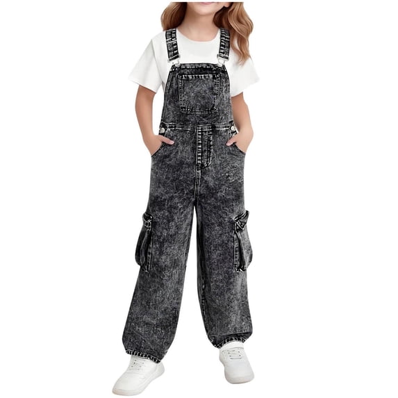 Girls Denim Bib Overalls Distressed Wash Wide Leg Adjustable Straps Stretchy Jean Dungarees Pants with Pockets 6-14Years