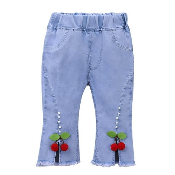 Girls Denim Capris with Cherry Appliqué Flare Pants Elastic Waist Light Blue Kids Kids 2T-5T,Size 4-5 T