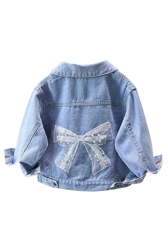 Girls Denim Jacket Cartoon Graphic Print Button Down Long Sleeve Jean Coat Outerwear Cowboy Tops with Pocket Beige