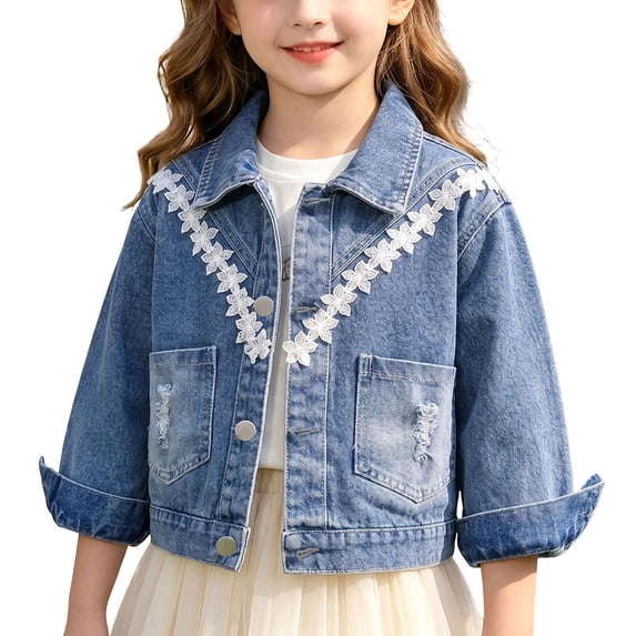Girls Denim Jacket Pearl Rhinestone Kids Lapel Button Down Long Sleeve Casual Jean Coat Blue C 9-10 Years