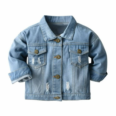 Girls Denim Jacket Ripped Flap Pocket Button Front Long Sleeve Collared Jean Trucker Jackets for Toddler Kids, 2-3 Years Light Blue