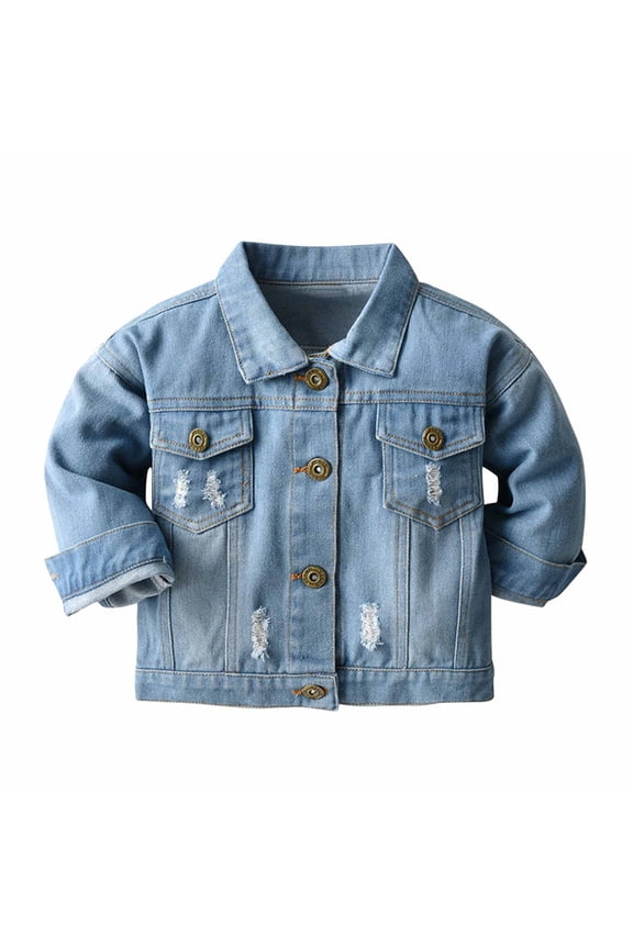 Girls Denim Jacket Ripped Flap Pocket Button Front Long Sleeve Collared Jean Trucker Jackets for Toddler Kids, 3-4 Years Light Blue