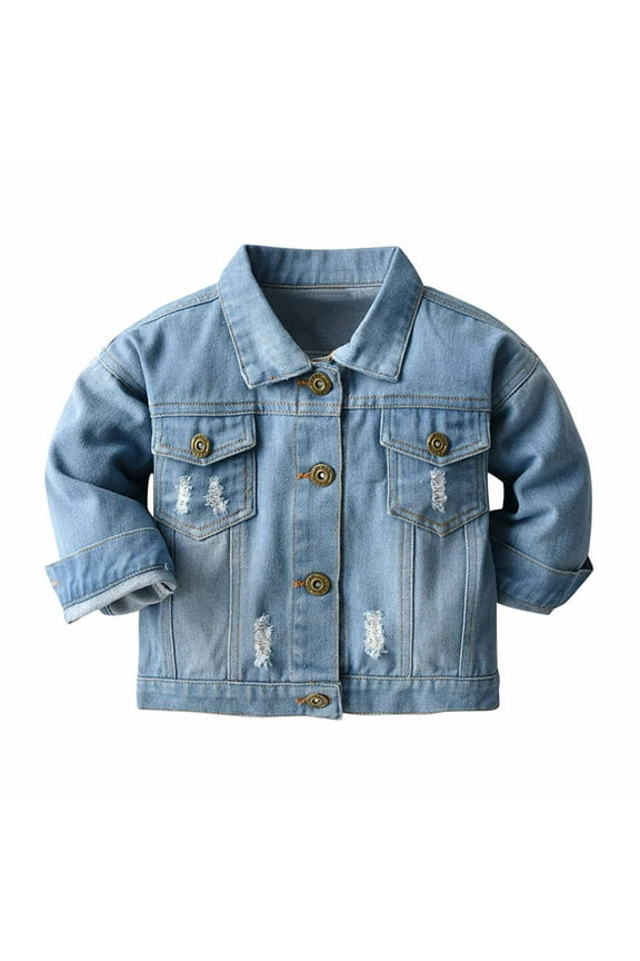 Girls Denim Jacket Ripped Flap Pocket Button Front Long Sleeve Collared Jean Trucker Jackets for Toddler Kids, 6-7 Years Light Blue