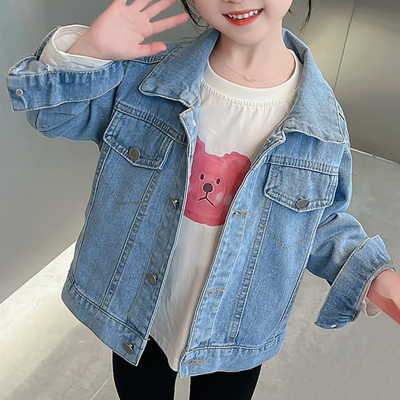 Girls Denim Jacket Toddler Jean Jacket Button Down Fashion Jeans Coat with Pockets Long Sleeve Outwear for Kids Blue 1-2 Years