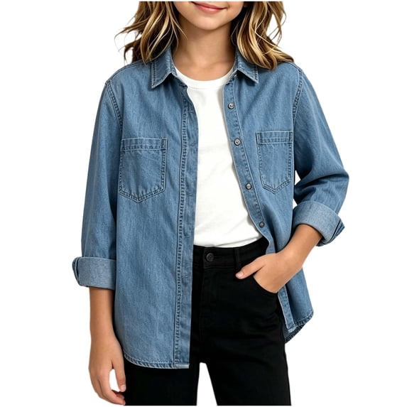 Girls Denim Jackets Long Sleeve Lapel Casual Loose Fit Button Up Kids Fall Jacket Blue 6-14