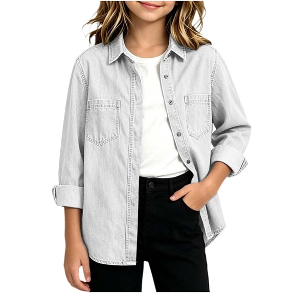 Girls Denim Jackets Long Sleeve Lapel Casual Loose Fit Button Up Kids Fall Jacket White 6