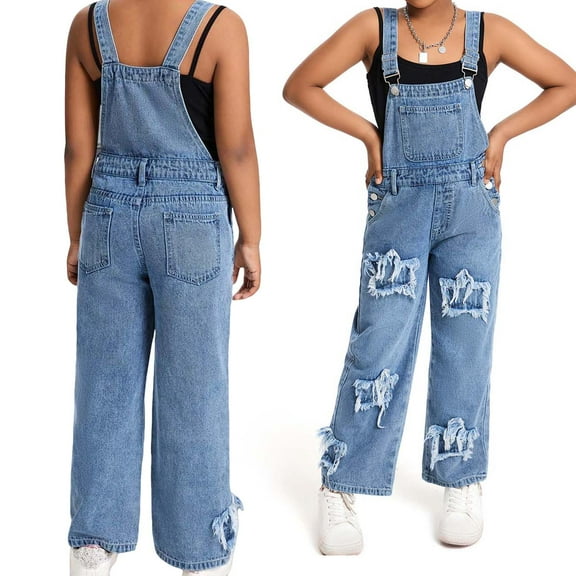 Girls' Denim Overall Jumpsuits Kids Casual Sleeveless Overalls Girls Wide Leg Jeans Girls Overalls with Pockets Kids Clothes Girls Size 9-10 Years