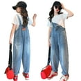 thumbnail image 1 of Girls' Denim Overall Jumpsuits Kids Casual Sleeveless Overalls Girls Wide Leg Jeans Girls Overalls with Pockets Size 5-6 Years Girls Clothes, 1 of 9