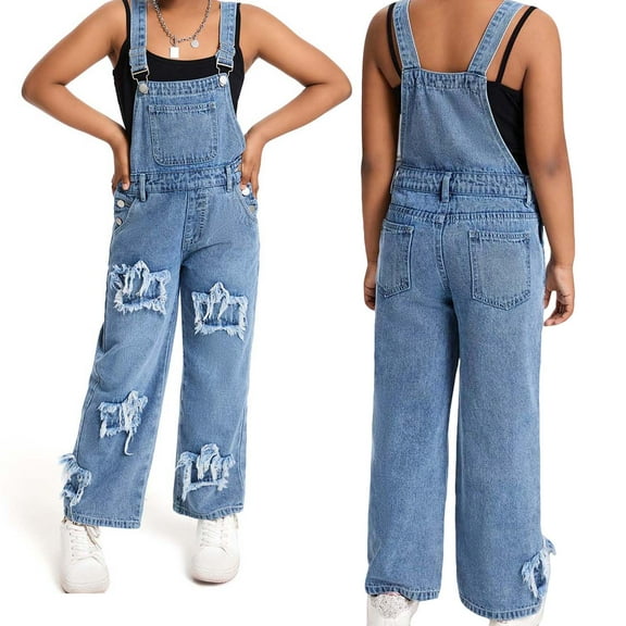 Girls' Denim Overall Jumpsuits Kids Casual Sleeveless Overalls Girls Wide Leg Jeans Pants Girls 1 Piece Rompers with Pockets Girls Clothes Size 9-10 Years