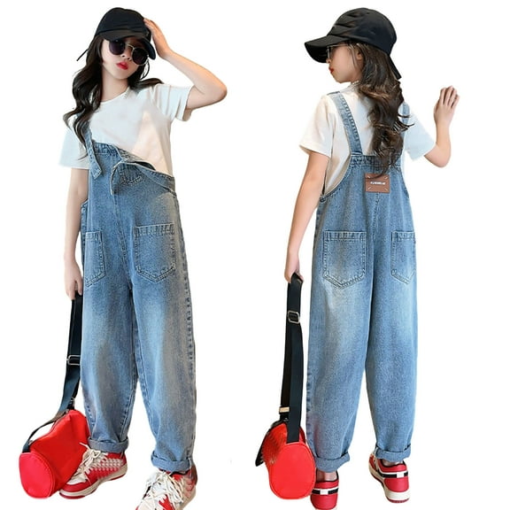 Girls' Denim Overall Jumpsuits Kids Casual Sleeveless Overalls Girls Wide Leg Jeans Pants Girls Overalls with Pockets Cute Clothes for Girls 8-9 Years