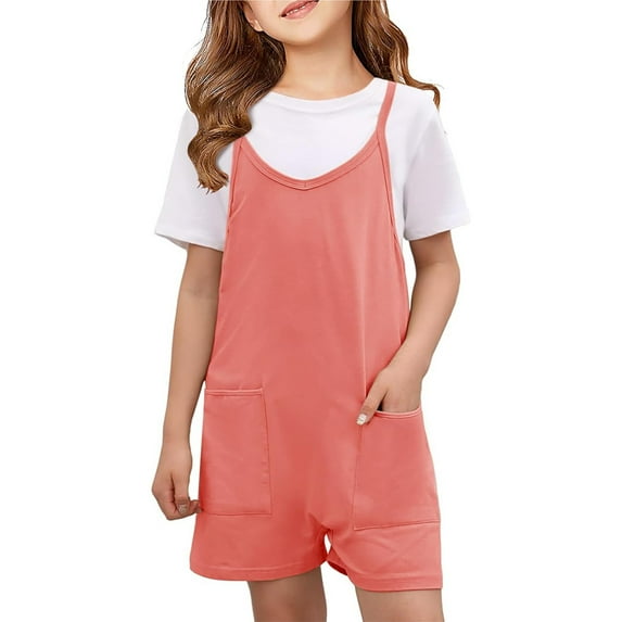 Girls' Denim Overall Jumpsuits V Neck Sleeveless Spaghetti Straps Harem Long Pants Wide Leg Jumpsuit Outfits with Pockets for Little Girl 8-9 Years