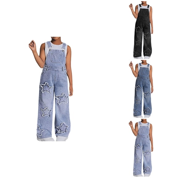 Girls Denim Overalls, Casual Wide Leg Jumpsuit with Star Patchwork, Adjustable Straps, Stretchy, Pockets, 8-13 Years