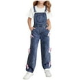 thumbnail image 1 of Girls Denim Overalls Kids Sleeveless Wide Leg Jumpsuit Bib Overall Baggy Jean Pants with Pockets 6-14 Years, 1 of 5