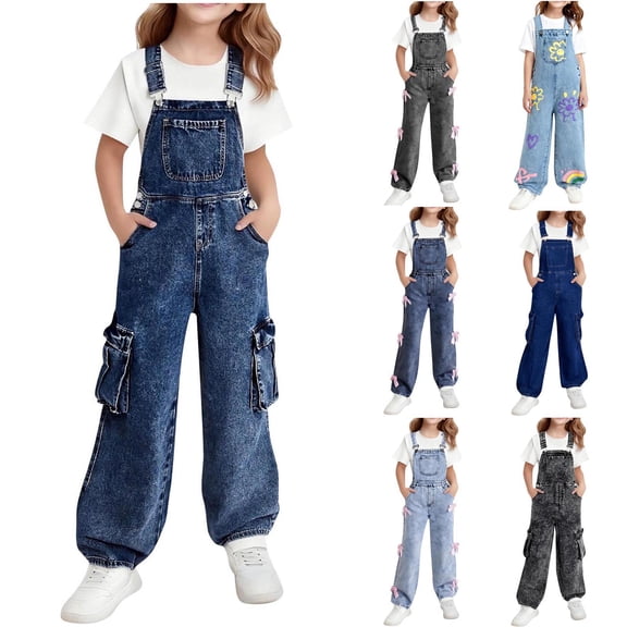 Girls Denim Overalls Kids Sleeveless Wide Leg Jumpsuit Bib Overall Baggy Jean Pants with Pockets 6-14 Years