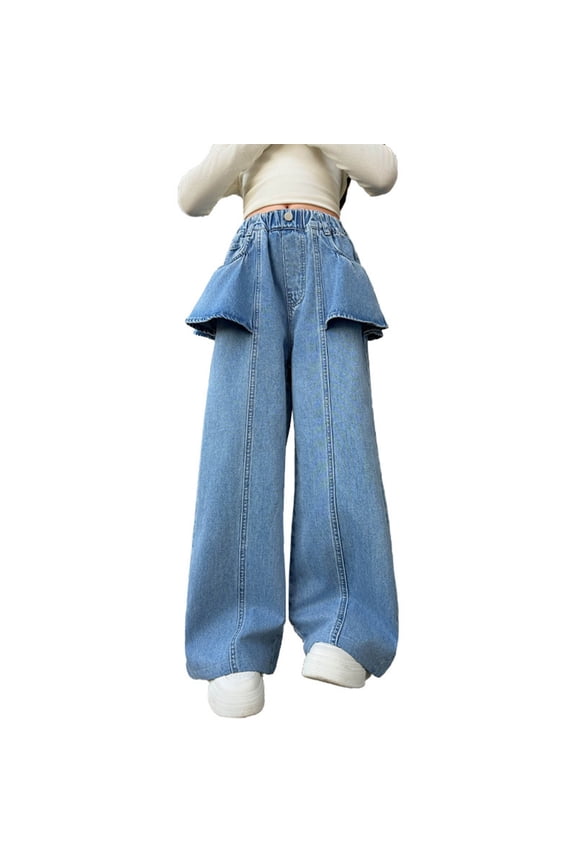 Girls Denim Pants Able Straight Leg Wide Trousers With Flounce Hem Loose Fit Casual Long Bottoms Clothes