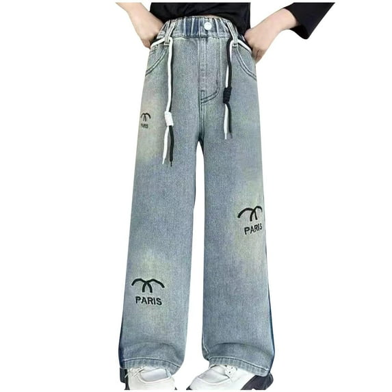 Girls Denim Pants Casual Wide Leg Jeans Fashion Slimming Relaxed Elastic Waist Cute Embroidered High-Waisted Trousers, Gray Blue, 9 Years