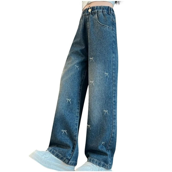 Girls Denim Pants Casual Wide Leg Jeans Fashion Slimming Relaxed Elastic Waist Cute Embroidered High-Waisted Trousers, Navy, 11 Years