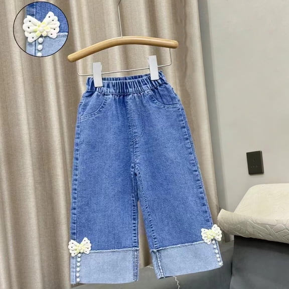 Girls Denim Pants Elastic Waist Capri Jeans with Bow Detail for Kids Little Kids Play,Size 7-8 T