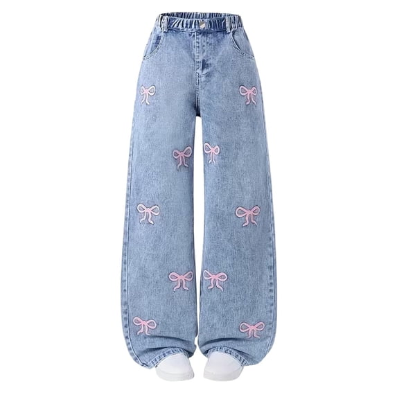 Girls' Denim Pants Light Wash with Multiple Pink Bow Embroidery 5-15 Years