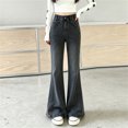 thumbnail image 1 of Girls' Denim Pants Slim Fit Elastic Waist Bell Bottom Jeans for Everyday Wear and Play (Black), 1 of 4