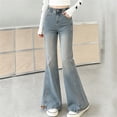 thumbnail image 1 of Girls' Denim Pants Slim Fit Elastic Waist Bell Bottom Jeans for Everyday Wear and Play (Blue), 1 of 3