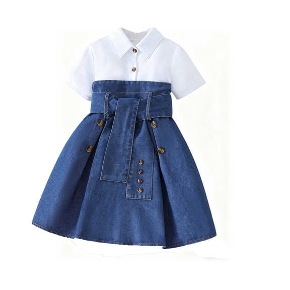 Girls Denim Patchwork Solid Color Casual Party Dress With Flowy Skirt Fit Various Occasions Clothes