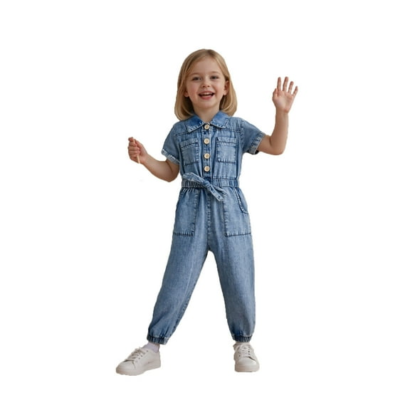 Girls Denim Romper Jumpsuit Solid Full Length Pants Turn Down Collar Long Sleeve Stylish Casual Playwear Comfortable Everyday Wear for Toddler Kids Blue 12 Months-18 Months