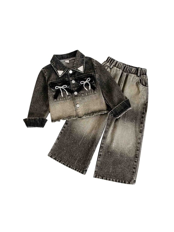 Girls Denim Set 2 Piece, Kids Kids Cropped Jacket & Wide Leg Jeans, Glitter Gradient Wash Outfit, Black Gray,Size 2-3 T