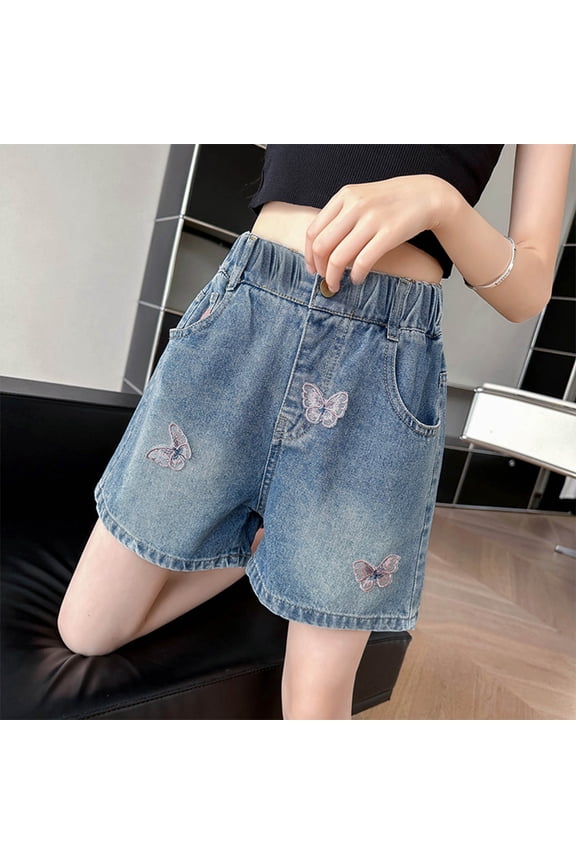 Girls Denim Shorts Classic Straight Leg Jeans Shorts with Pockets Kids Clothes 8-9 Years