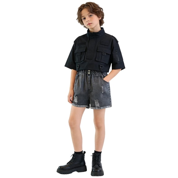 Girls Denim Shorts Elastic Waist Embroidery Jeans Shorts with Pocket Summer Clothes Blue Size 10-11 Years