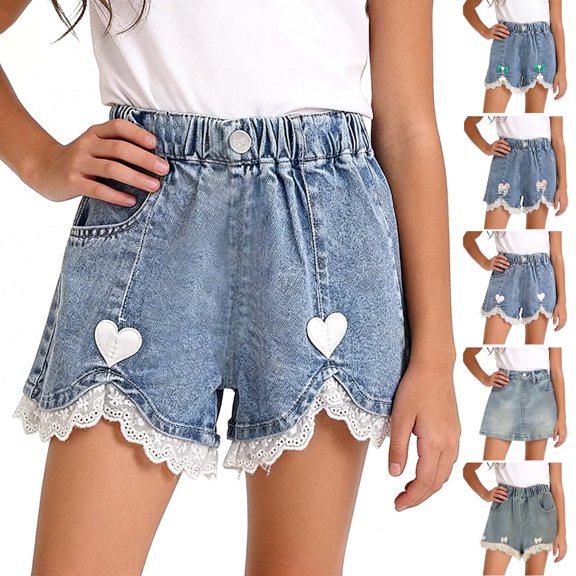 Girls Denim Shorts Elastic Waist Wide Leg Lace Patchwork Short Jeans Casual Loose Summer Pants With Pockets (6 Years, Blue)