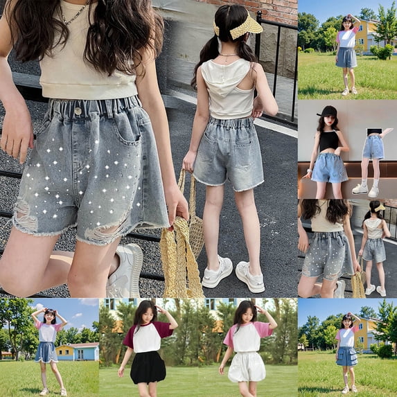 Girls Denim Shorts High Waist Lace Y2k Jorts Fashion Streetwears Kawaii Jeans Shorts for Girls(Blue2 6-7 Years)