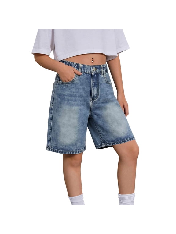 Girls Denim Shorts High Waist Wide Leg Bermuda Shorts Casual Trendy Comfy Jean Shorts with Pockets for 8-14 Years